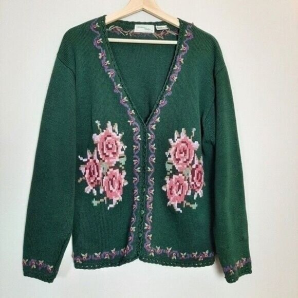 Vintage WILLOW RIDGE Cardigan Sweater Rose Flower Embroidery Sz L - Picture 2 of 9
